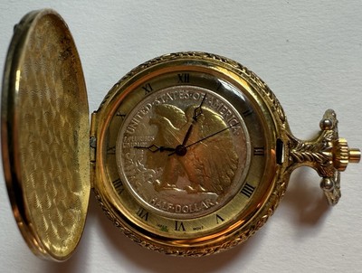 Vintage Liberty Half Dollar Coin Embossed Case Pocket Watch  2 Tone Gold Eagle
