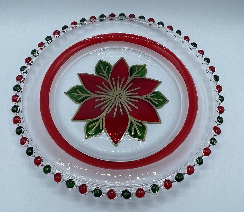 Fused Glass Hand Painted Poinsettia Serving Plate Tray 8 Inches