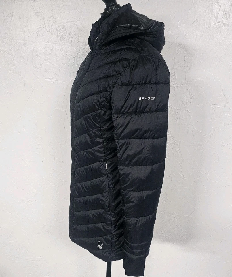 Abrigo de invierno aislado Spyder chaqueta acolchada largo negro cremallera completa con capucha pequeño Foto 3 de 4