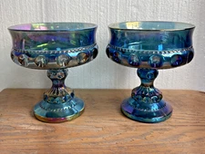 Indiana Carnival Glass Kings Crown Blue Iridescent Thumbprint Pedestal Compote