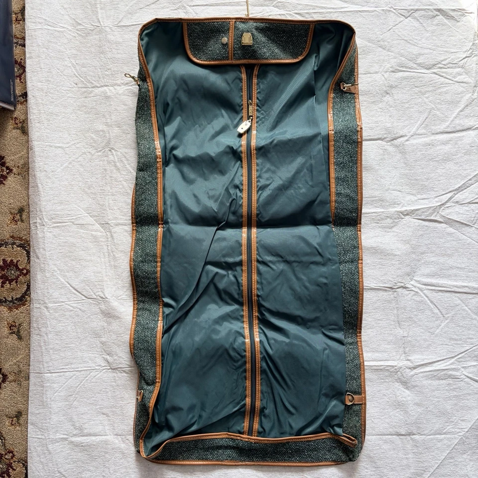 Oscar De La Renta Garment Bag Green Tweed Luggage Travel Suitcase 80s Vintage - Image 3 of 4