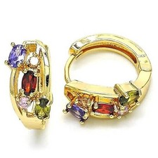 Multi Color Halo Huggie Oval Stones Earrings In Yellow Gold Filled High Polish