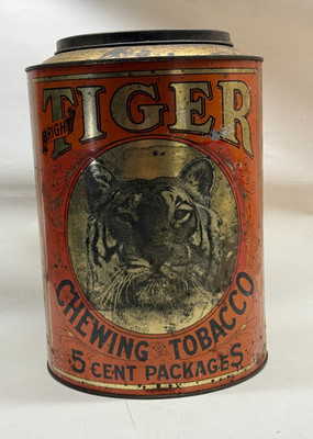 RARE HUGE Antique Bright Tiger Chewing Tobacco 5 lb 48 Package Tin P. Lorillard
