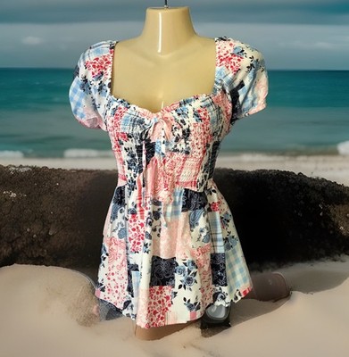 Cap Sleeve Babydoll Top Juniors Size 2XL Red Blue White Patchwork Print Smocked