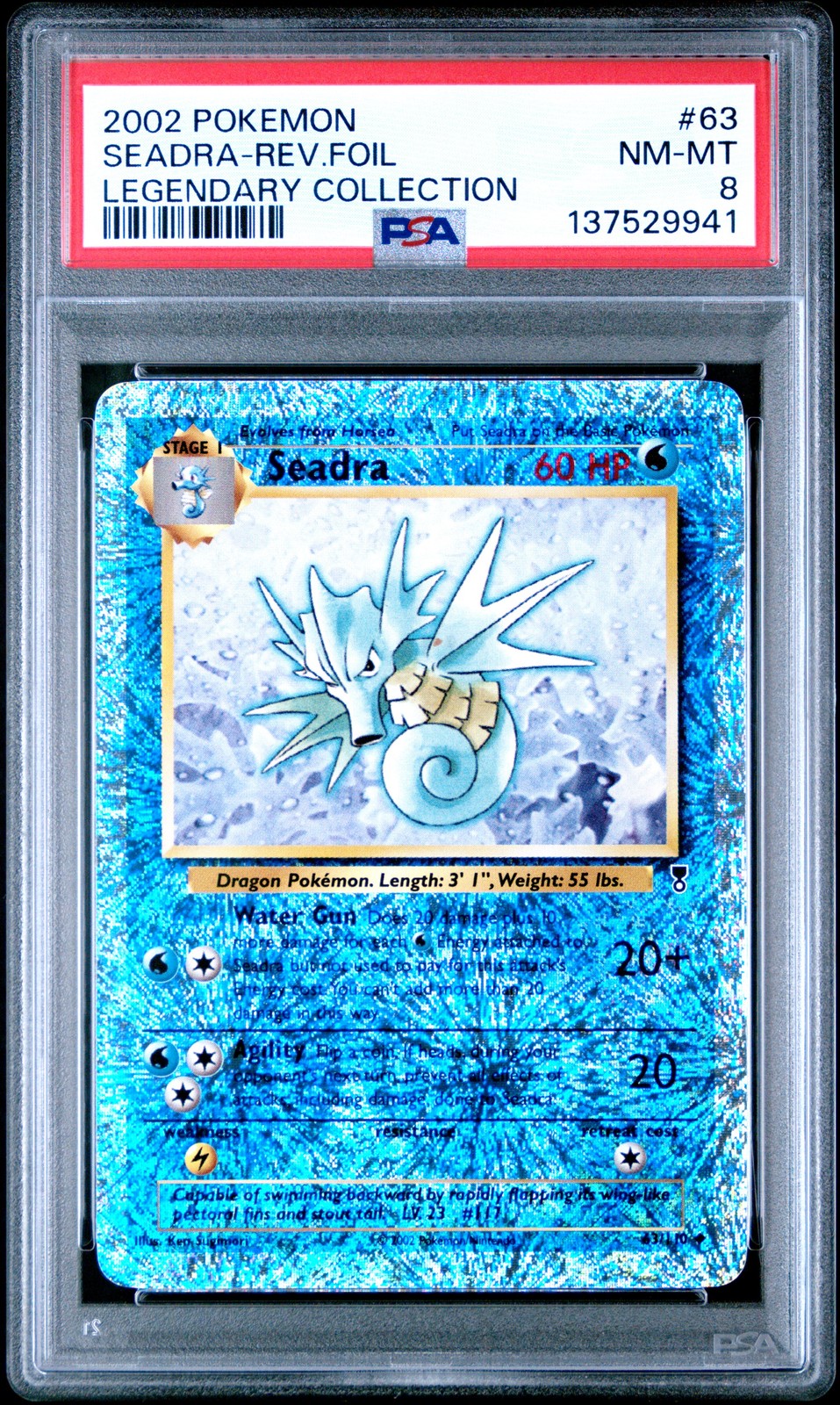 Pokemon Card Seadra 63/110 Reverse Holo PSA 8 WOTC Legendary Collection