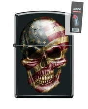 Zippo 49074 americann flag skull usa stars stripes black Lighter + FLINT PACK