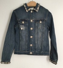 Philipp Plein Petite Denim Jacket With Crystal Collar And Cuffs Size 16