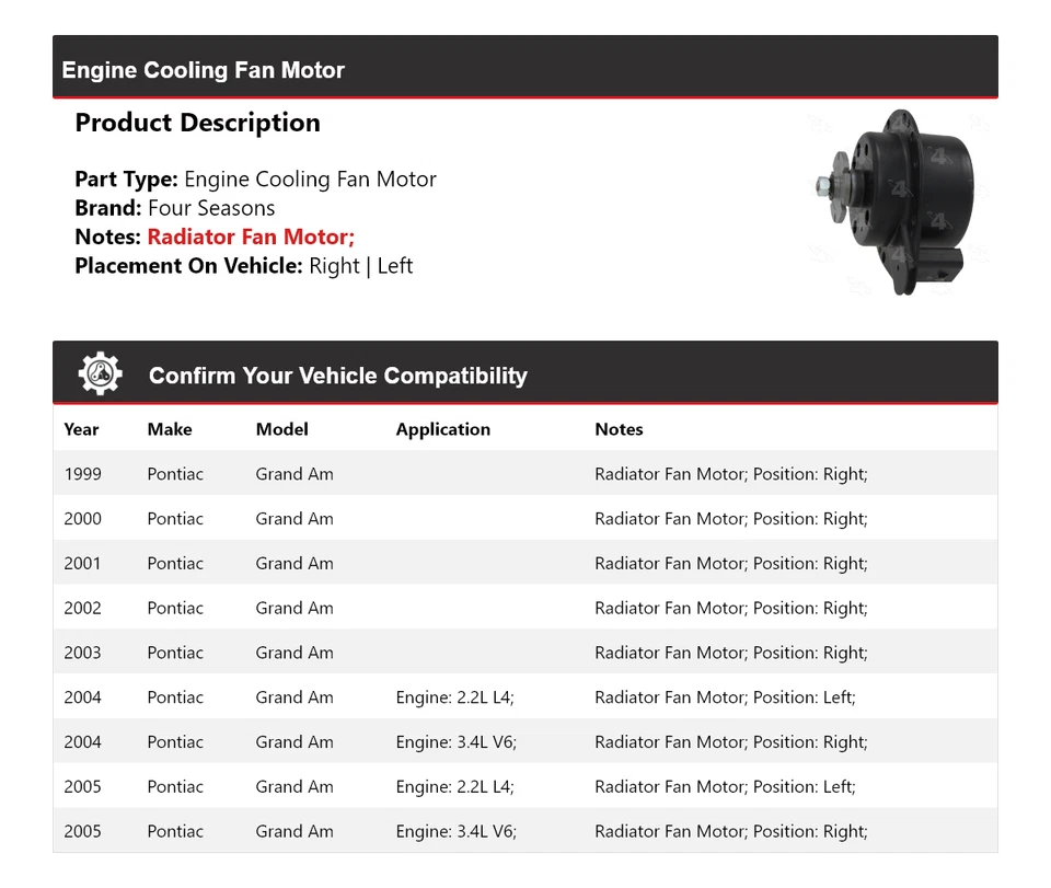 For 1999-2005 Pontiac Grand Am Engine Cooling Fan Motor 4 Seasons 2000 2001 2002 - Image 2 of 4