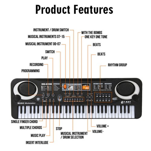 61 Keys Electric Piano Music Electronic Keyboard Beginners Kids Mini Microphone, - Picture 6 of 10
