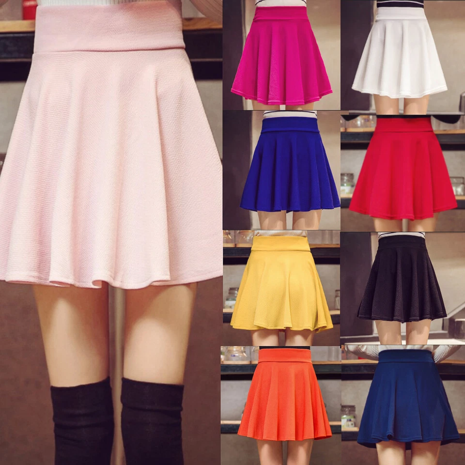 Damen Stretch Bund Minirock Hohe Taille Bequem Ausgestellt Skater Mädchen Röcke - Bild 3 von 4