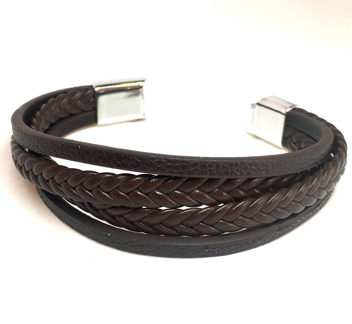Murtoo Bracciale Uomo In Vera Pelle E Acciaio Inossidabile | Intrecciato Regolabile Con Chiusura Magnetica | Colori Nero E Marrone