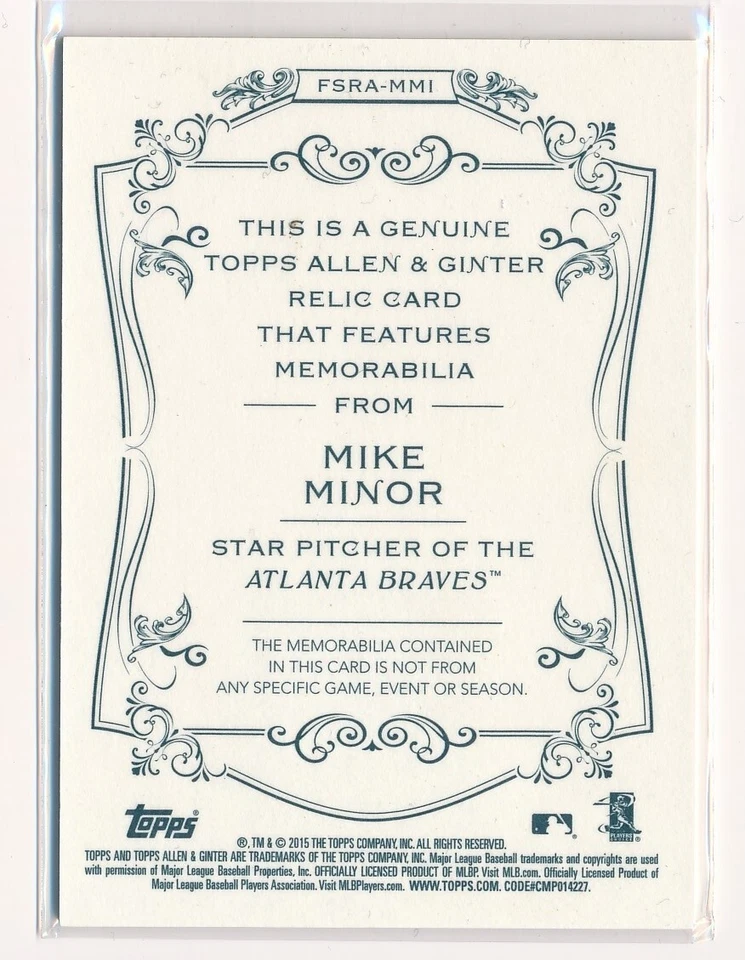 2015 Topps Allen & Ginter's Relics A Mike Minor Jersey Patch Baseball #FSRA-MMI - Image 2 of 2