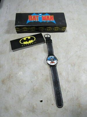 Vintage 1989 Fossil DC Comics Batman Watch Black Leather