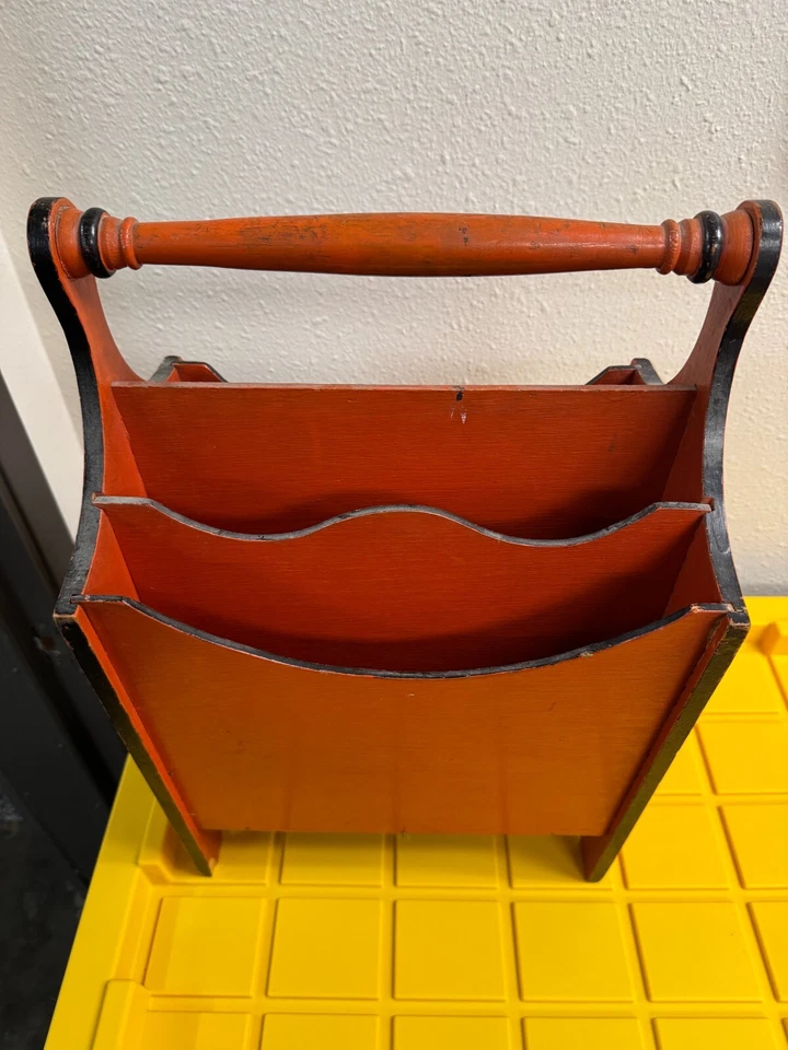 Antique Wood Magazine Rack Red Hand Painted Boat Victorian Newspaper Handle - Image 3 of 4