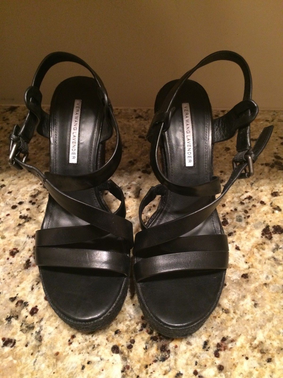VERA WANG LAVENDER BLACK PIPPA PLATFORM WEDGE SANDAL W CROSSED STRAPS 7.5 198. VERA WANG LAVENDER BLACK PIPPA PLATFORM WEDGE SANDAL W CROSSED STRAPS 7.5 198.