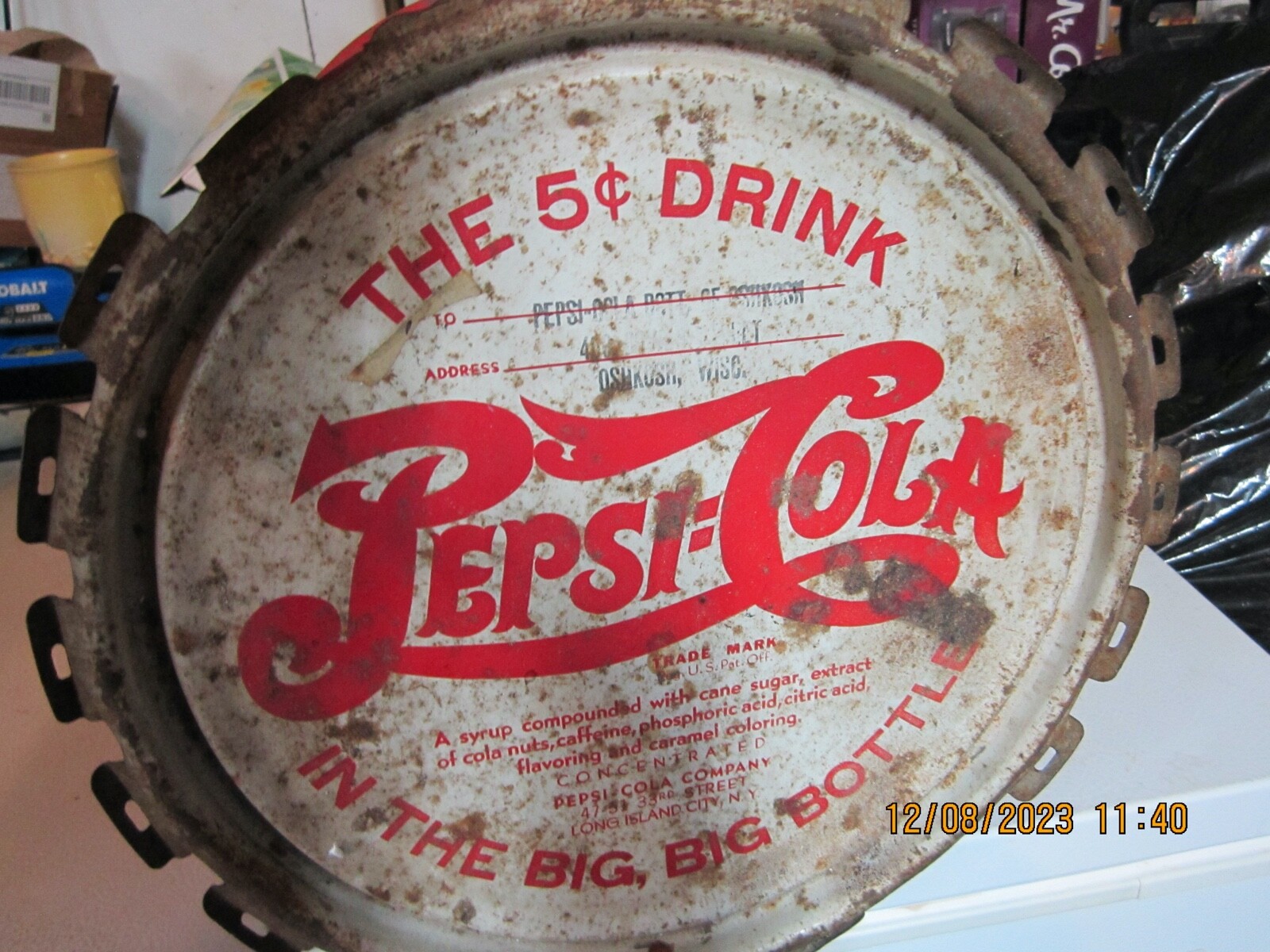 PEPSI COLA STEEL DOUBLE DOT 5 GALLON SYRUP CONTAINER,MARKED OSHKOSH