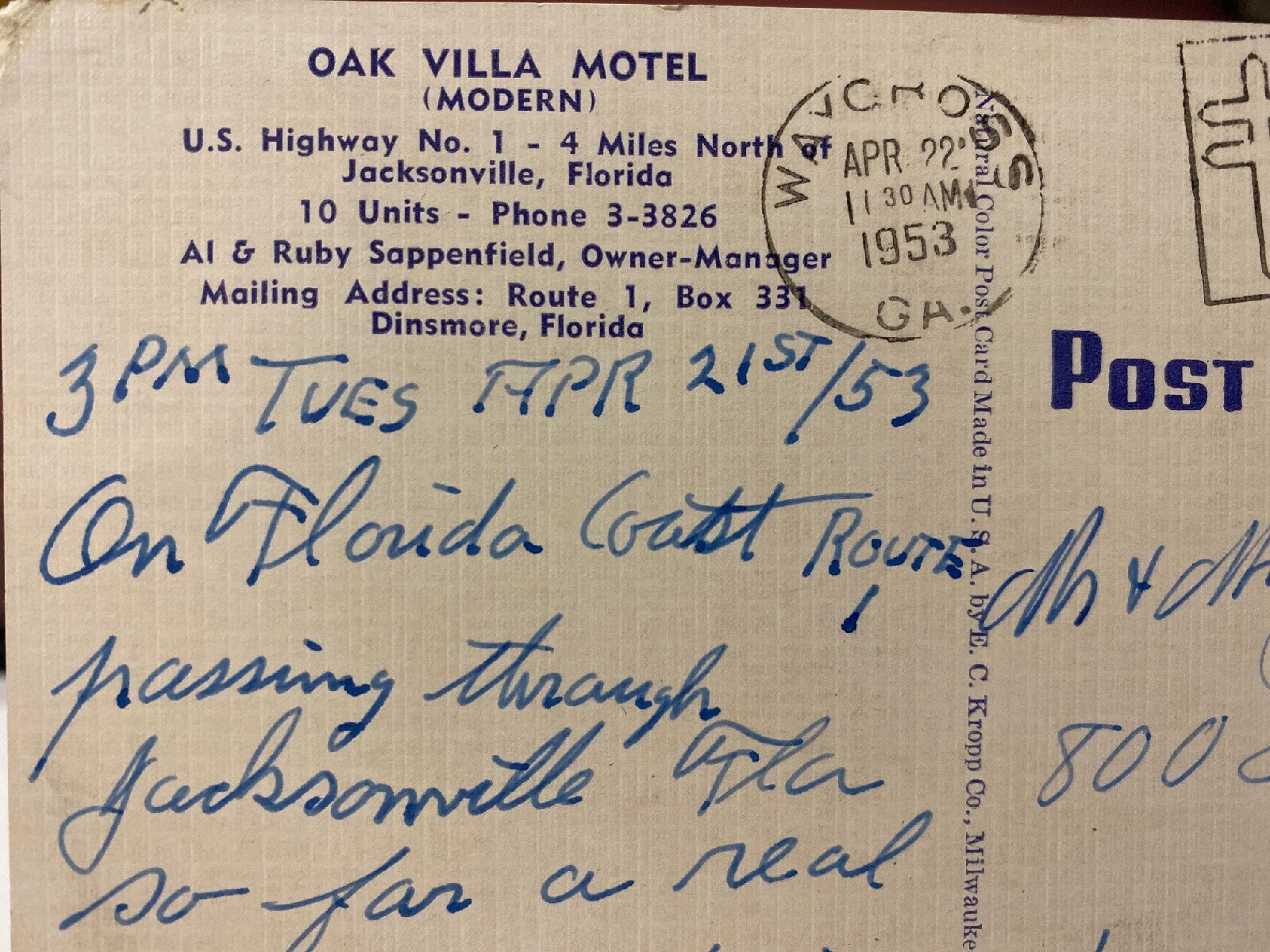 Vintage 1950s Dinsmore Florida Oak US Highway 1 Roadside Villa Motel
