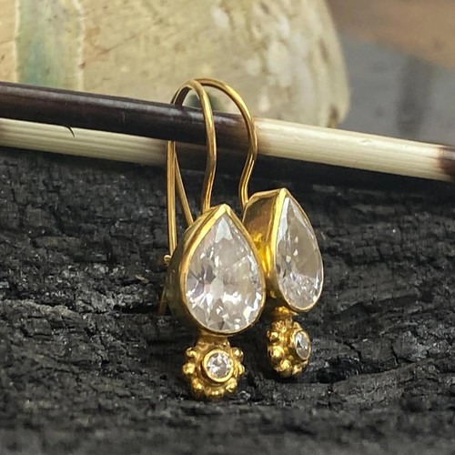 Handmade Pear White Topaz Dainty Hook Gold Earrings 925 Silver Turkish Jewelry - Picture 5 of 5