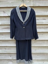Vintage 1940s Navy Blue Skirt Suit w/ Gingham Trim 34 Bust