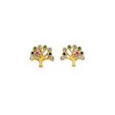 Real 14K Yellow Gold Tree of Life CZ Stud Earrings with Screw Back Girls Womens