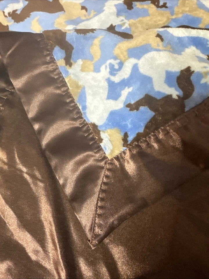 "Manta para recibir bebés caballos vaquero marrón azul satinado terciopelo suave 35x30""" Foto 4 de 4