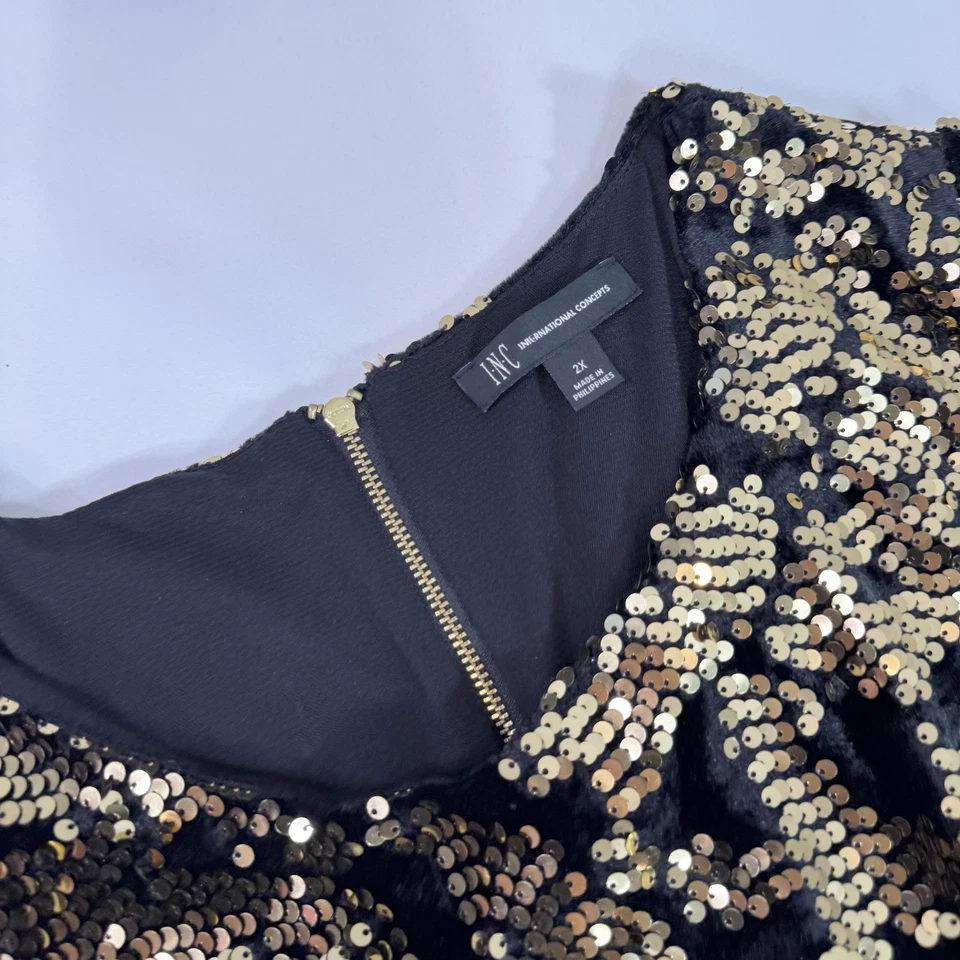 INC Dress Womens 2X Black Gold Sequin Short Sleeve Party Cocktail Glam Plus Size - Image 3 of 4