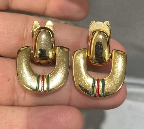 Vintage PAOLO GUCCI Gold Tone Door Knocker Enamel Clip On Earrings