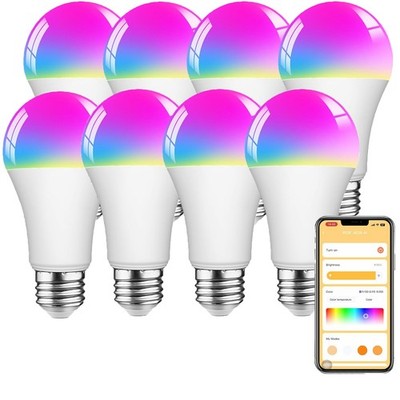 8 Pack A19 LED Smart Light Bulbs RGB 9W 900LM Group Control Dimmable Timing E26