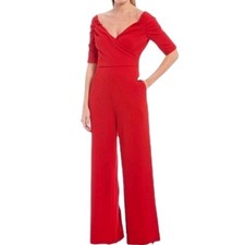 Badgley Mischka Belle Mia Rushed Ruched Crossover Neckline Wide-leg Jumpsuit