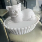 VTG Authentic Westmoreland Cat on Nest White Milk Glass Covered Trinket Dish