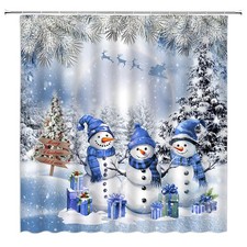 Snowman Shower Curtain Christmas Winter Pine Tree Forest Cute Blue Snowman Xm...