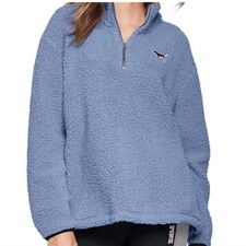 Victoria's Secret PINK VS Sherpa Quarter Zip Pullover Sweatshirt Blue S NEW
