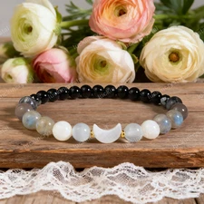 Natural Moonstone Labradorite Moon Phase Charm Crystal Beaded Healing Bracelet