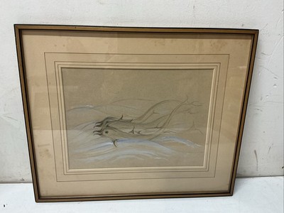 Pencil Watercolor Abstract Drawing 4 Dolphins Signed K.L. /Closson Art Galleries