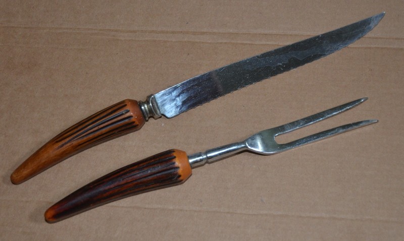 Vintage Sheffield Regal Crest Carving Set Knife & Fork - Antler Bakelite Handle