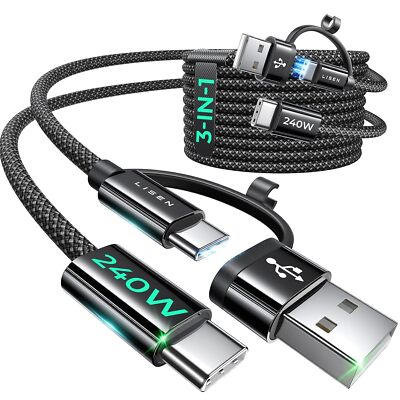 2 PK 3 in 1 USB Charging Cable - MAX 240W Fast Charging with USB A+Type C 6.6ft