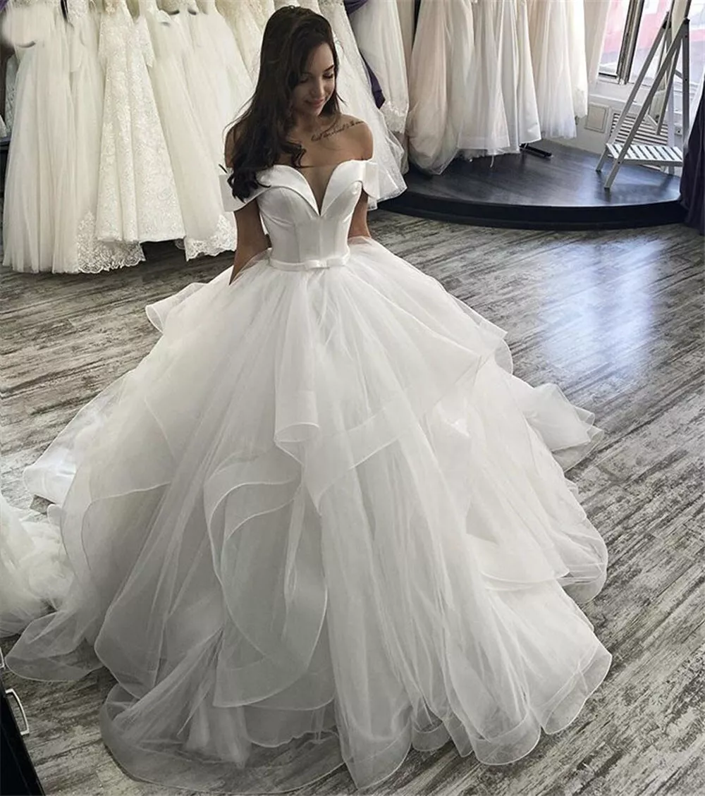 Princess Off Shoulder Wedding Dresses Cap Sleeves Sweep Train Tulle Ruffle  Gowns