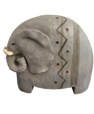 Wood-Look Carved Gray/Blue Elephant Stylized Abstract Design Trunk Down Tusks 4 
