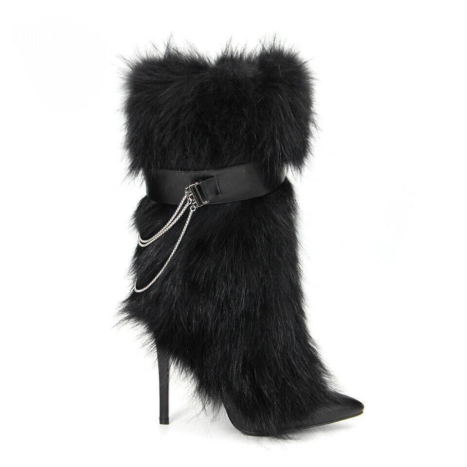 Botas hasta la rodilla de tacón alto con hebilla decoración de piel de vaca de lujo para mujer Foto 2 de 4