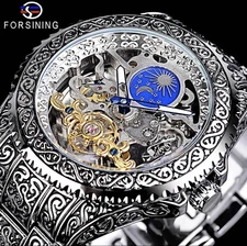 Forsining Skeleton Carved Tourbillon Mechanical Watches Moon Dial Mens Watch