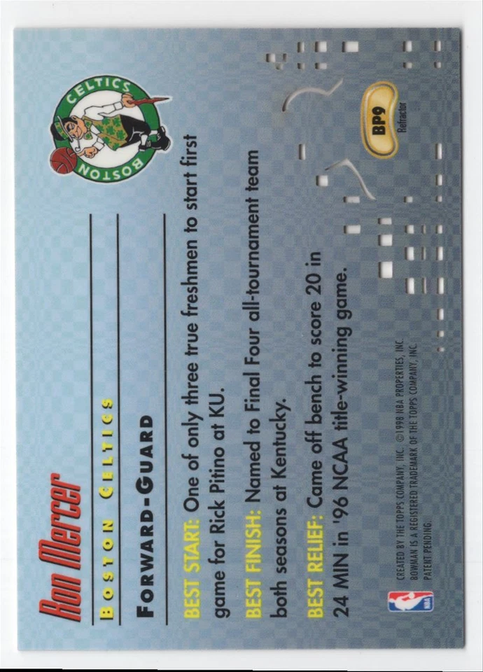 1997-98 BOWMAN BEST BEST PICKS REFRACTOR RON MERCER - Image 2 of 2