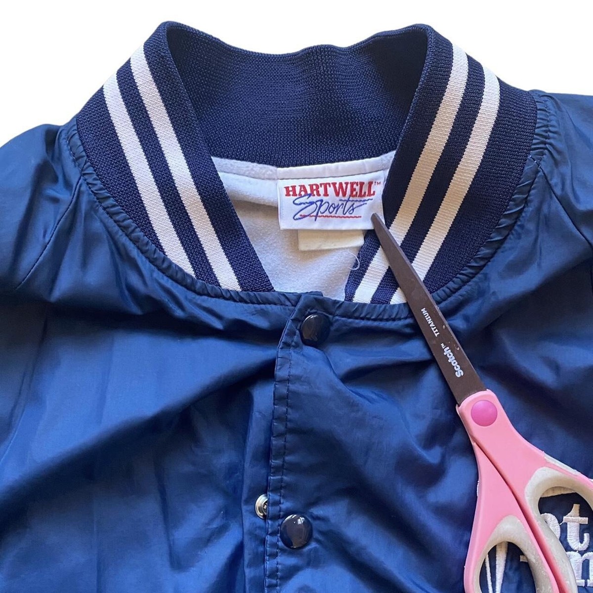 Vintage 90s Navy Blue and white striped Letterman windbreaker