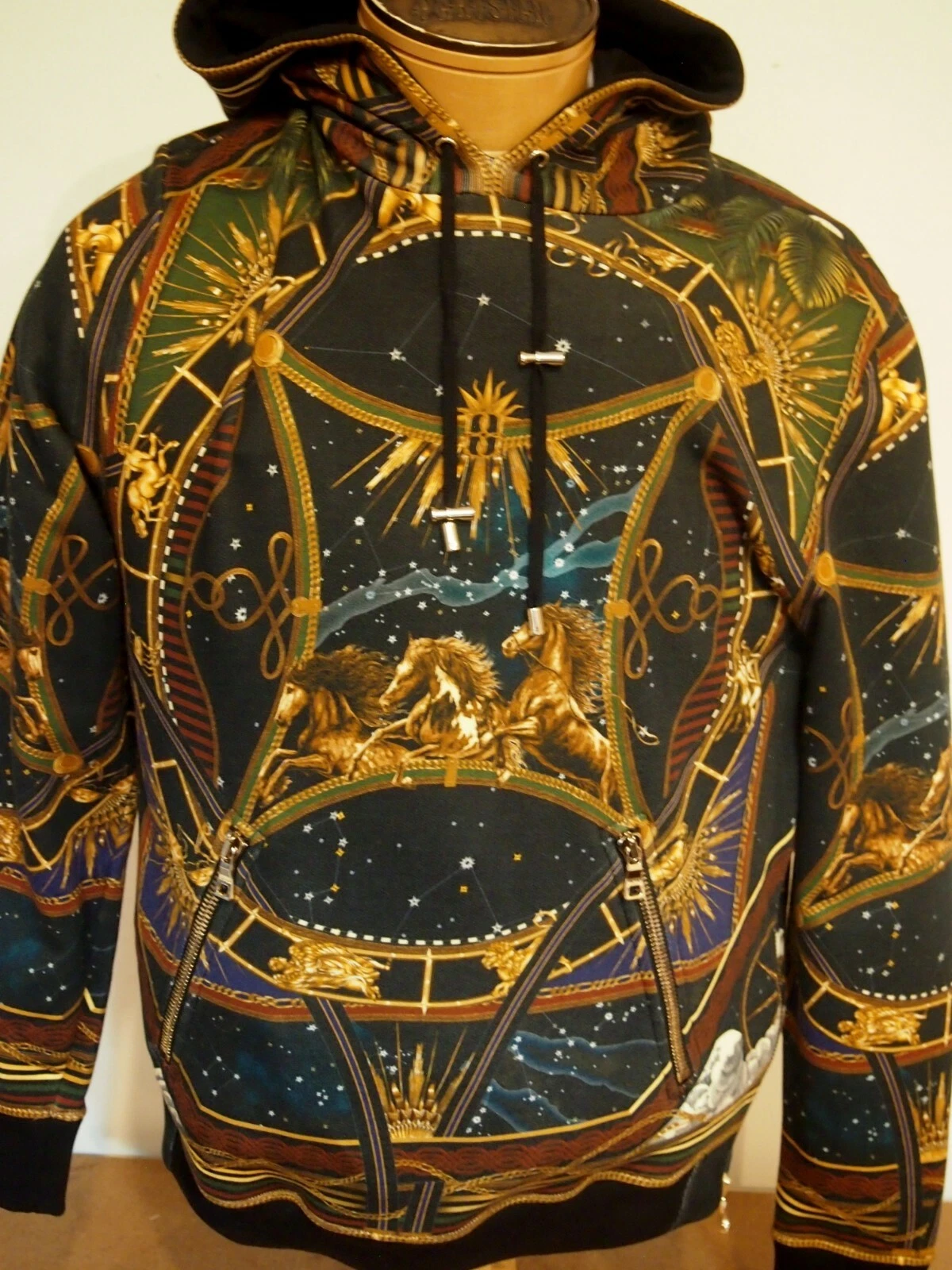 Balmain — Balmain of Paris Cotton Side Zip Zodiac Horse Print Pattern Hoodie NWT M $1495