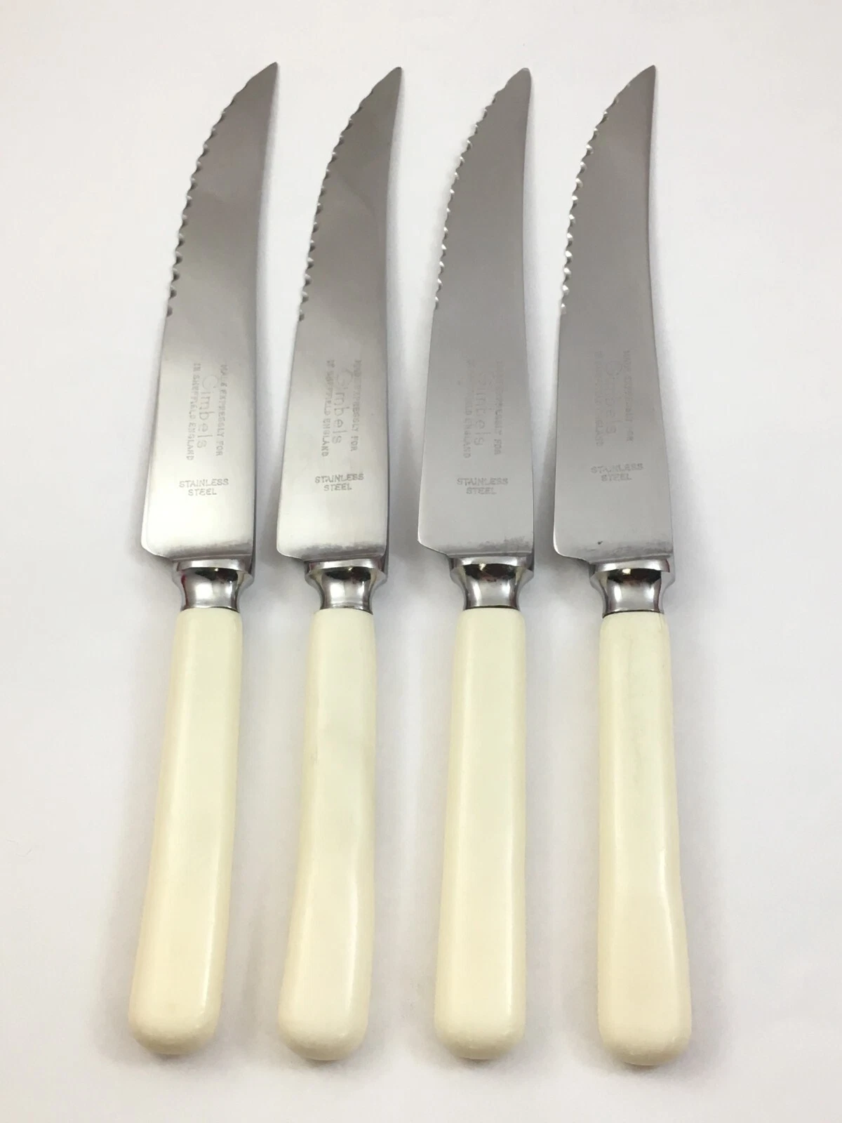 4 GIMBELS Sheffield England Stainless Serrated Steak Knives 8" Plastic Handles