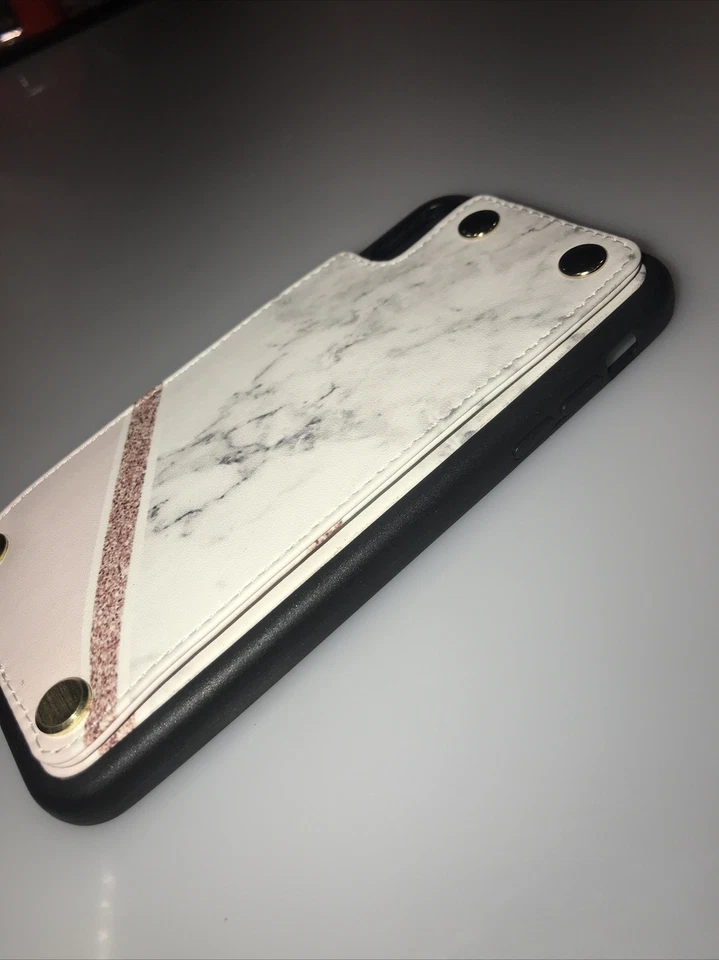 Funda tipo billetera LAMEEKU para Apple iPhone XR, 6,1 pulgadas - a prueba de golpes, rosa/blanco mármol Foto 3 de 4