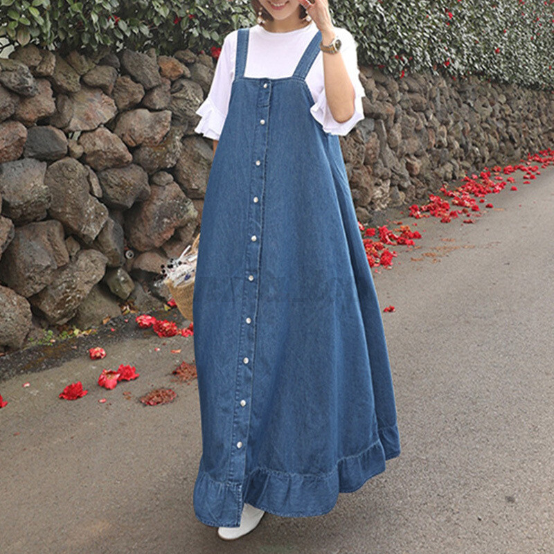 overall dress blue Womens Denim Jeans Look Summer Overalls Suspender Long Maxi Sundress How do fashionable people size: 22 Chest pocket 颜色:Multicolor