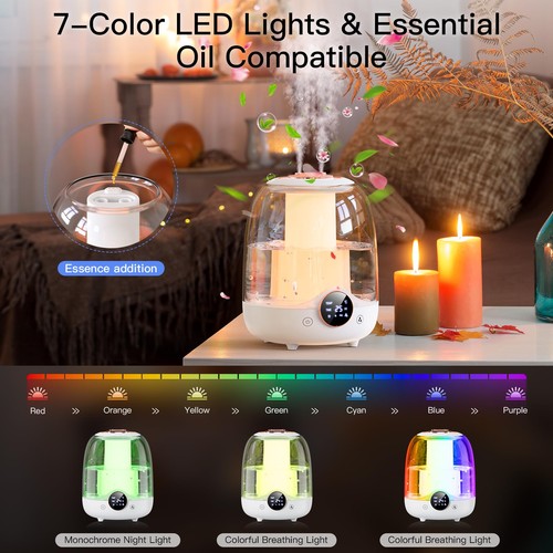 Humidifiers for Bedroom, 3L Tank for 30H 20dB Quiet Mist Time, Dual Nozzles, ... - Picture 5 of 8