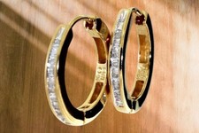 1/4Ct Baguette Natural Diamond Hoop Earrings 925 Sterling Silver 14K Gold Plated