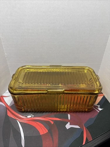 VINTAGE Federal YELLOW Glass Amber Refrigerator Dish W/Lid Ribbed Glass NICE! t1