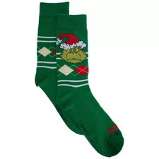 NWT Seuss Grinch Men's Socks Sox Green Shoe Size 8-12 Argyle Christmas 106